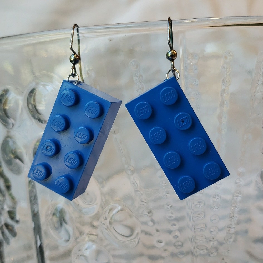 Lego Blue 4 x 2 Thick Brick Earrings  2"